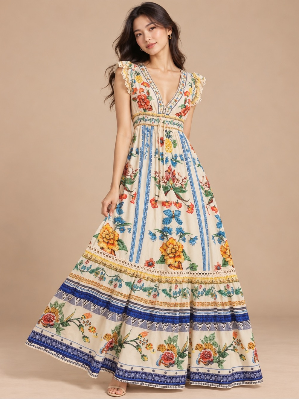 SHEIN Floral Boho Maxi Dress Small Botanical Print Ruffle Trim Vacation Dress